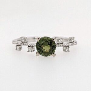 Round Green Tourmaline Ring in 14K White Gold in Natural Diamond Accents